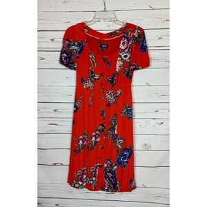 Maeve Anthropologie Women's Size 2 Red Floral Short Sleeve Caldwell Button Dress